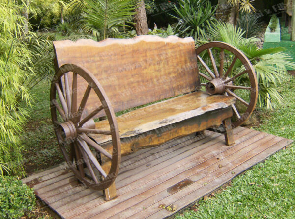 banco de madeira, banco de jardim, banco roda de carroça